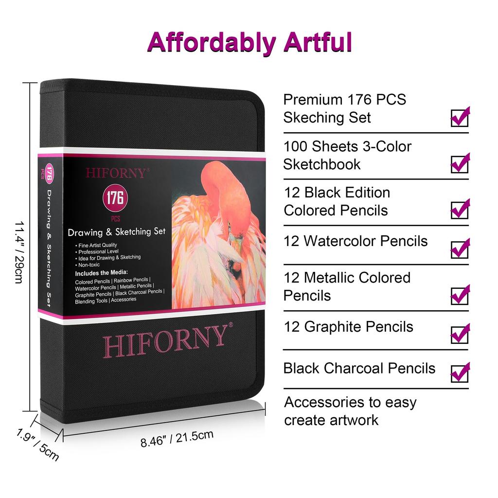 HIFORNY Art Supplies Drawing Kit with 100 Watercolor Metallic Blending and More for Beginner Artists 176-Piece Sheets, 3-Color Sketchbook, Graphite,