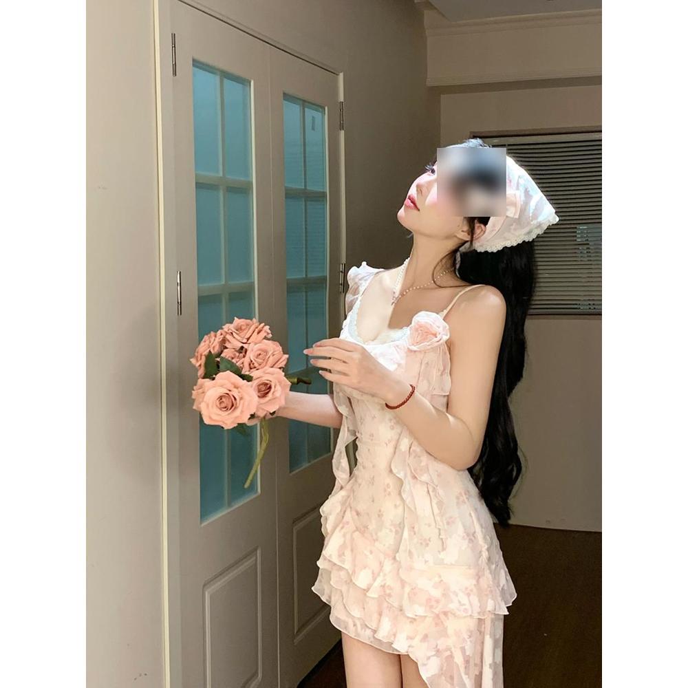 Women's casual spring and summer new textured fairy short skirt sweet three-dimensional flower floral streamer slip dress
