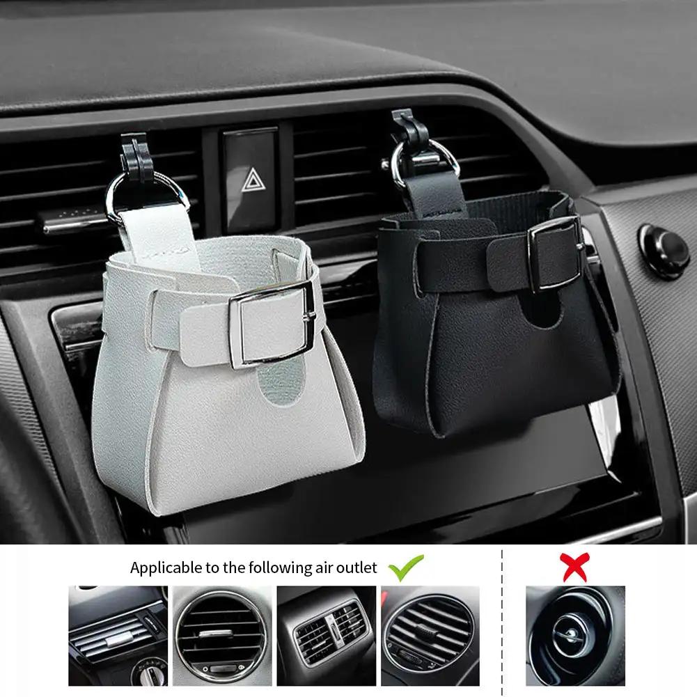 Car Air Outlet Leather Pouch Storage Bag Clip Hooks Auto Interior Box Organizer Phone Holder Car Air Vent Pouch Car Accessories