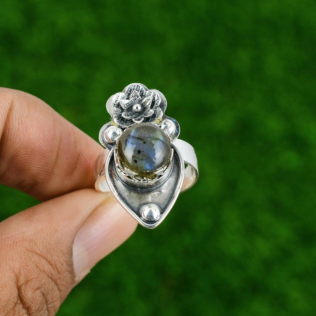 Natural Labradorite Statement Flower Adjustable Ring 925 Silver For Women