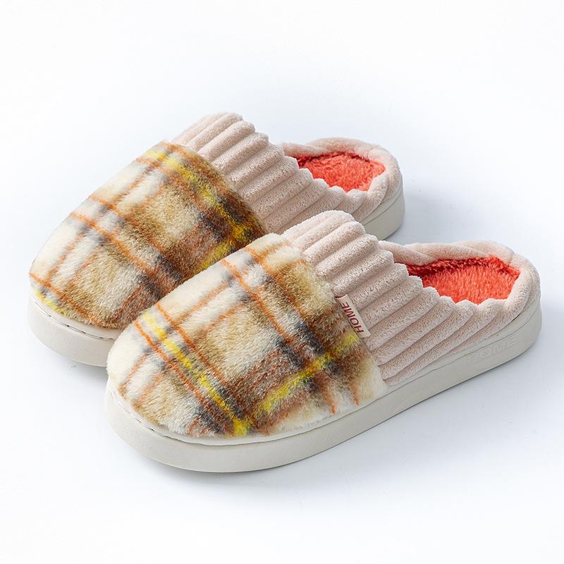 Fashion home cotton slippers women's autumn and winter new non-slip velvet warm colored striped cotton slippers