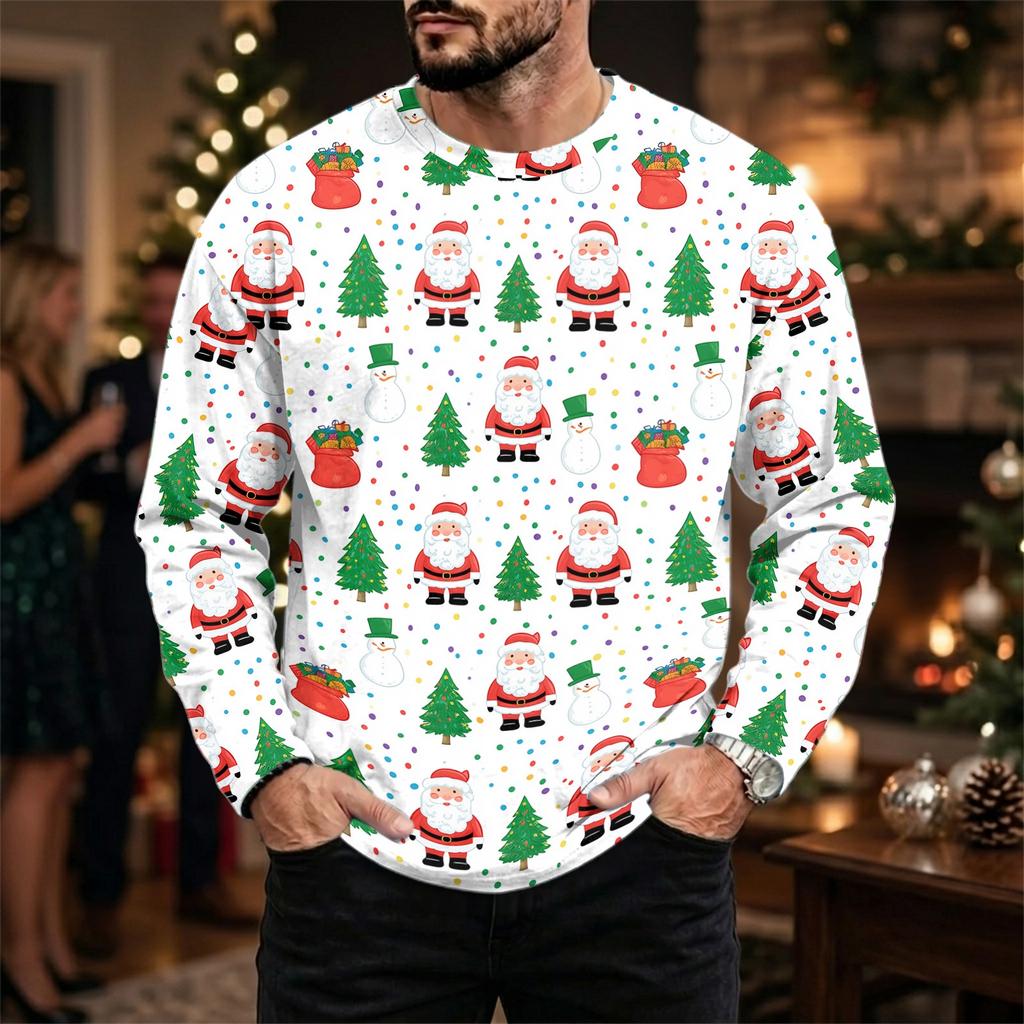 Men's Casual Loose Fit Neck Long Sleeve Top with Christmas Print, Winter Base Layer
