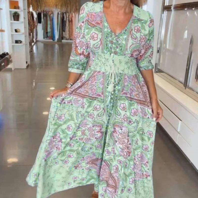 

New fashion printed dress European and American v-neck dress women s clothing spring and summer S