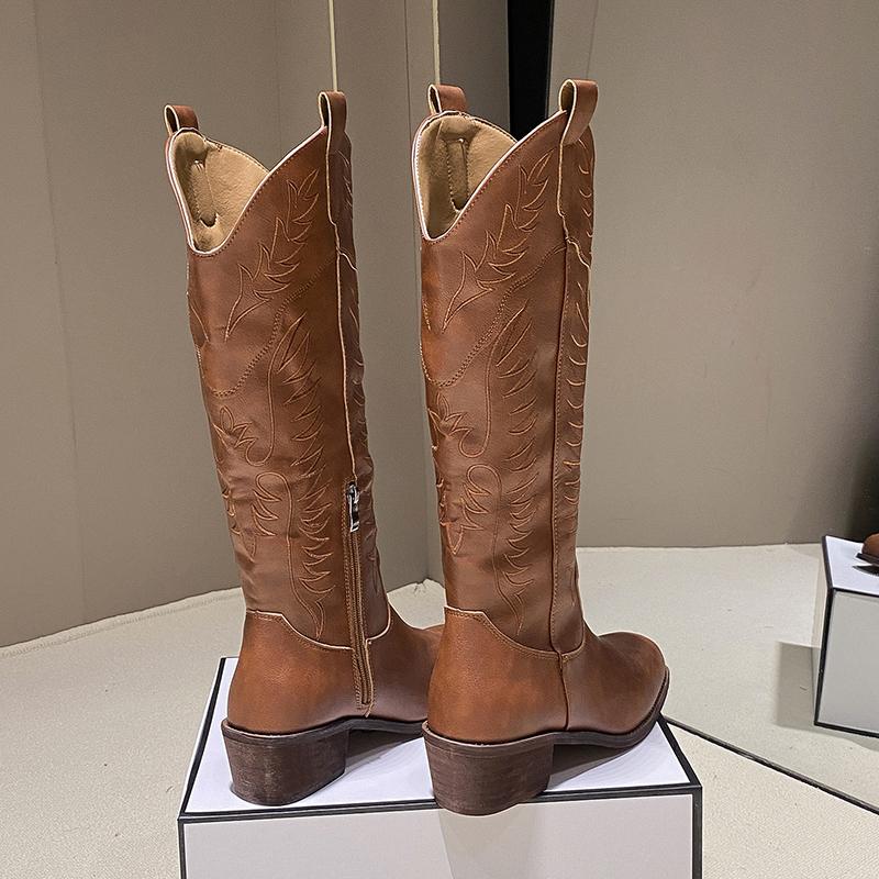 Women Fashion Slip On Knight Boot Ladies Autumn Winter Thick Sole Knight Boots Pointed Toe Square Heel Embroidered Cowboy Boots