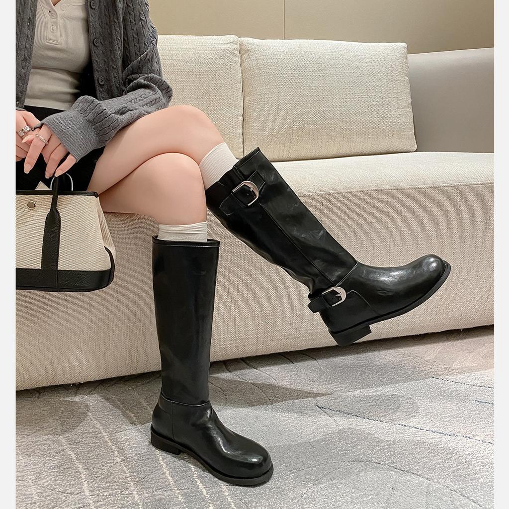Ma Sichun of the Same Style~ Height Increase 4/7cm Fashionable Buckle with Round Head Splicing Thick Heel Knight Boots Women's Stacked Short Boots