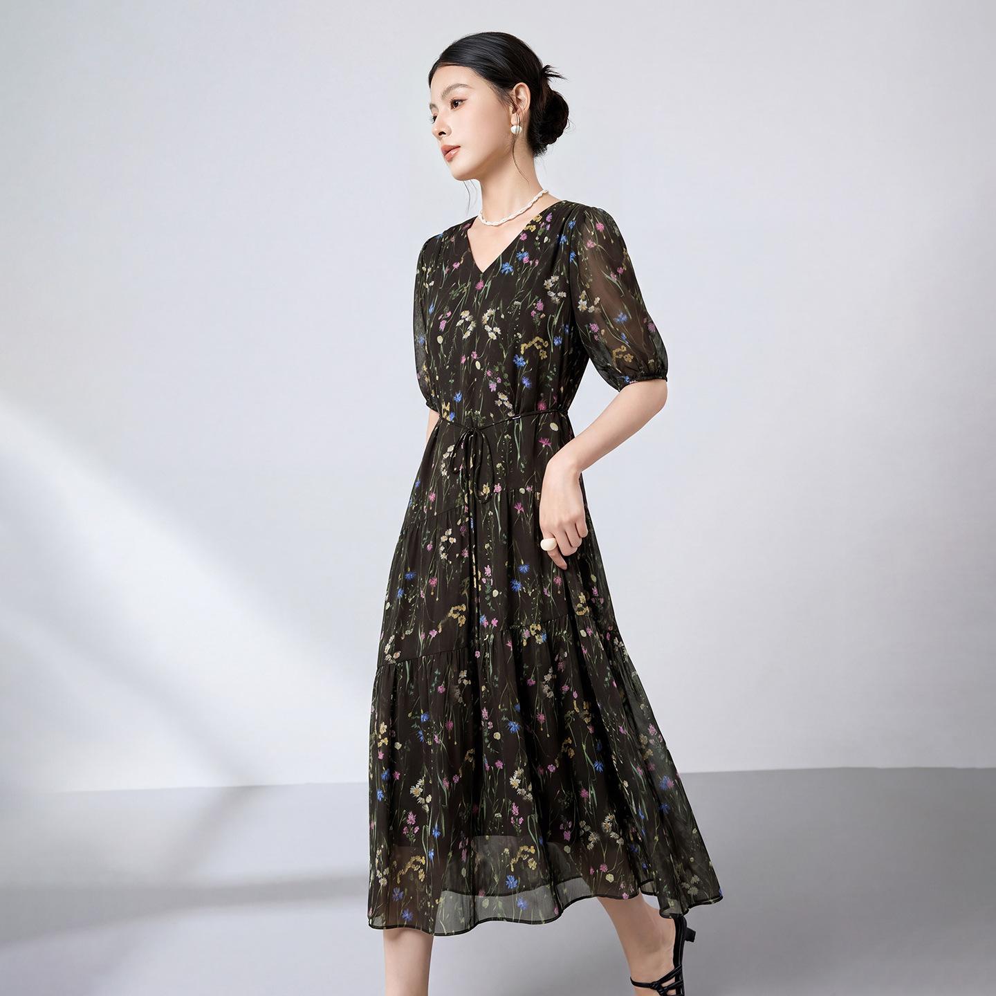 Summer new floral silk dress long dress women s summer new printed waist elegant and thin mulberry silk skirt M