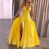 Women's Solid Color Suspender V-neck Backless  Slit Long Dress