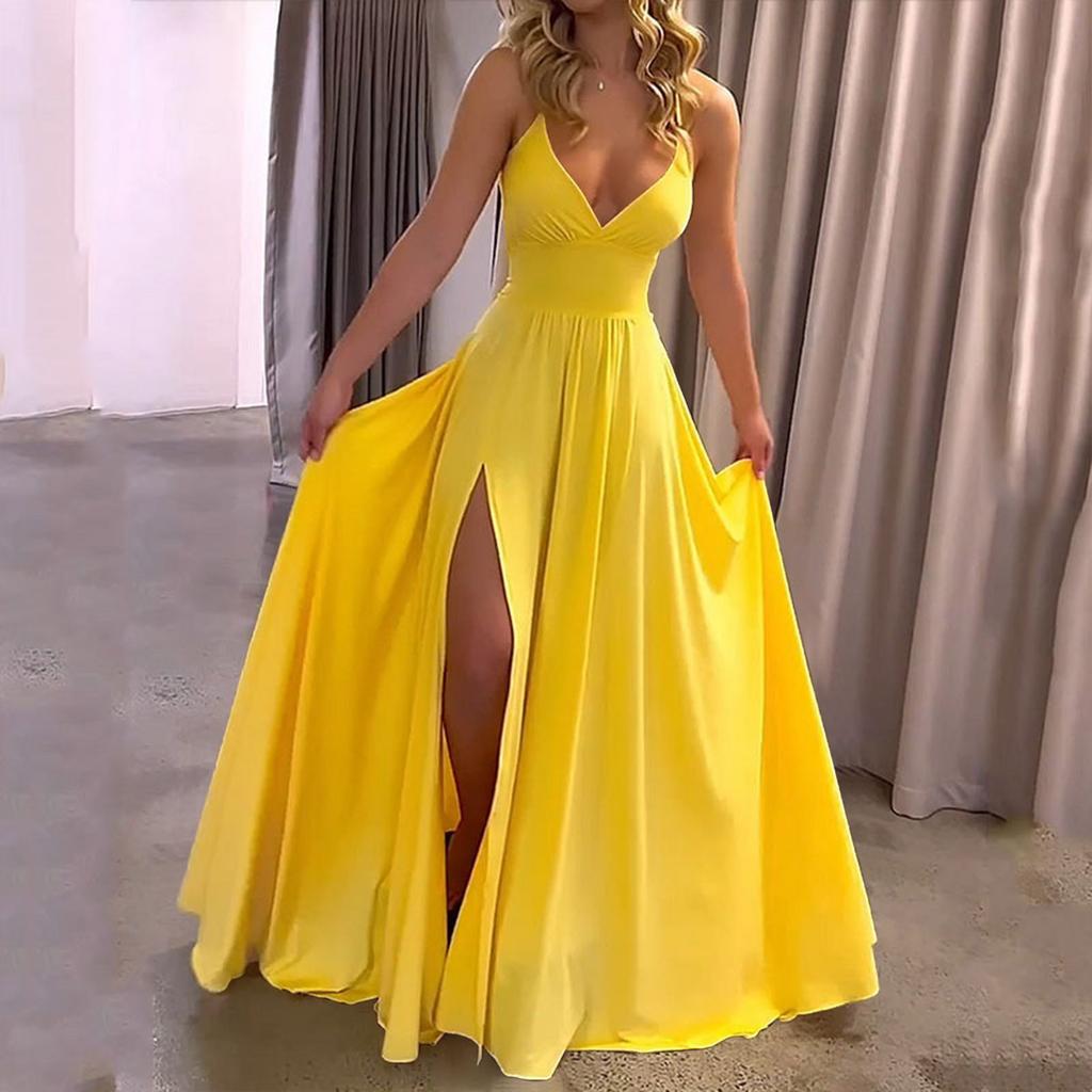 Women's Solid Color Suspender V-neck Backless  Slit Long Dress