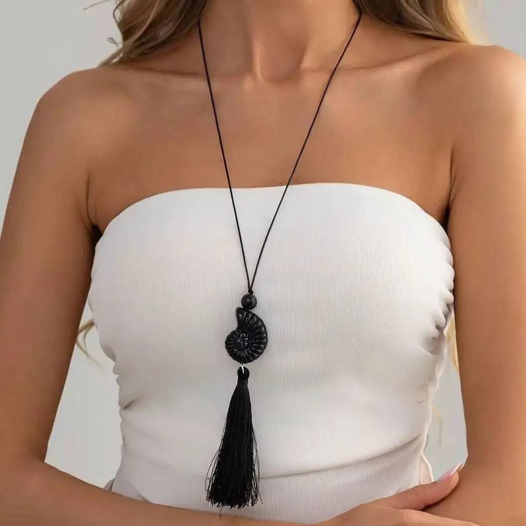 SHIXIN Fashion Creative Acrylic Conch Tassel Pendant Long Necklace for Women Adjustable Wax Thread Sweater Chain Jewelry Gifts