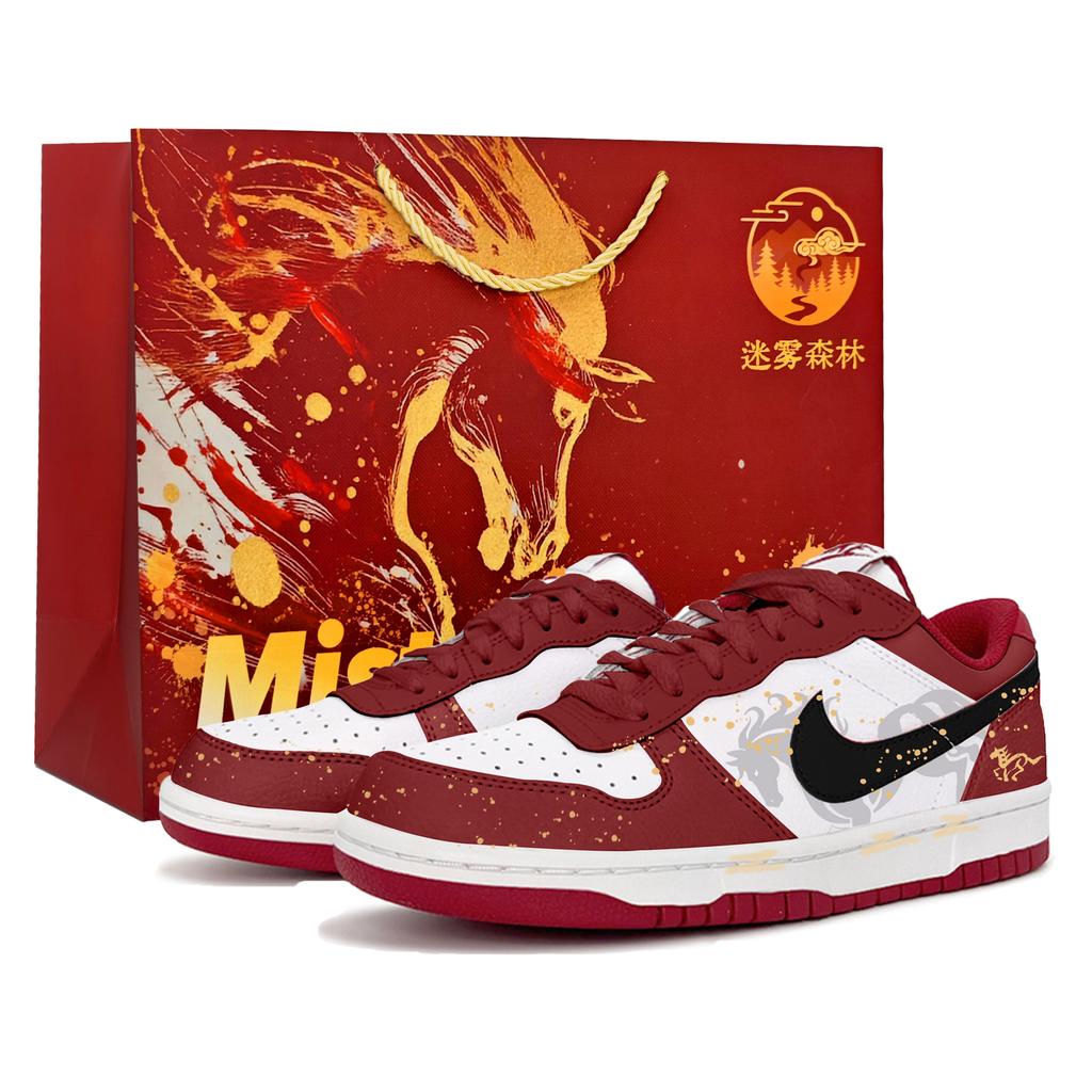 Nike Big Red Horse Streaming Gold, Shopping Bag CNY Horse Year, New Year Edition, Mist Forest Low top Skateboard Shoes 355152-150(Team1625-)