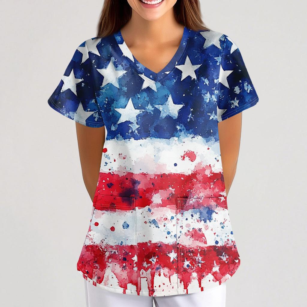 Plus Size Printed Scrub Working Uniform Tops For Women's Cross V-Neck  Short Sleeve Fun T-Shirts Workwear Tee With Pockets