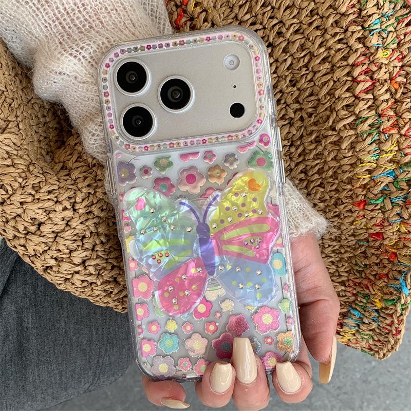 Colorful Rhinestone Butterfly Stand Phone Case for iPhone 17, 16 Pro Max, 15, 14
