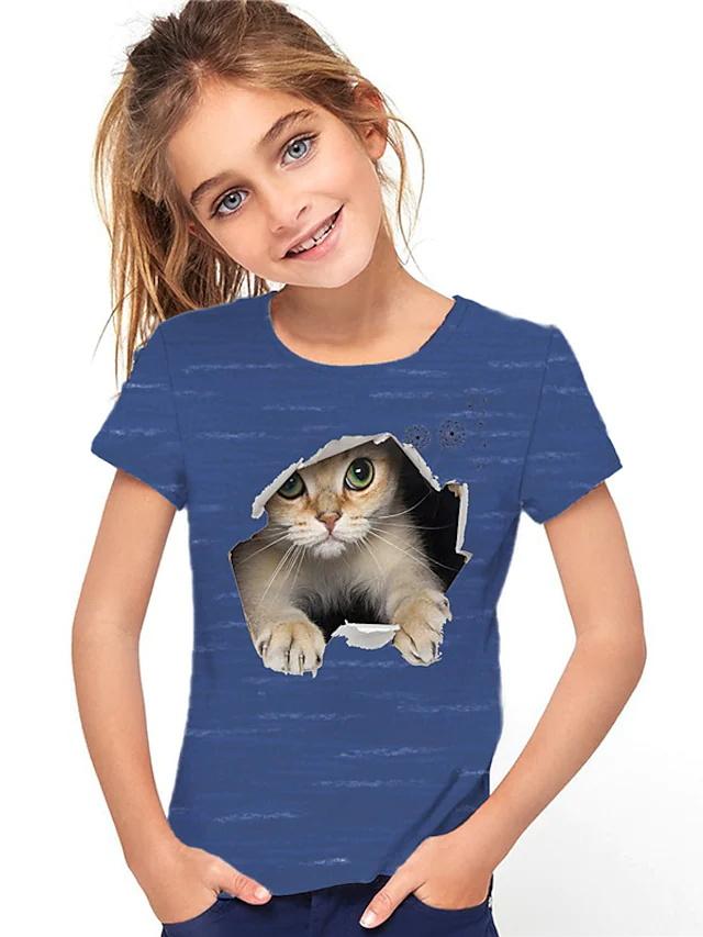 Cat Print T-shirt, Summer Casual Short Sleeved Round Neck Top for Children and Girls, As A Gift Top