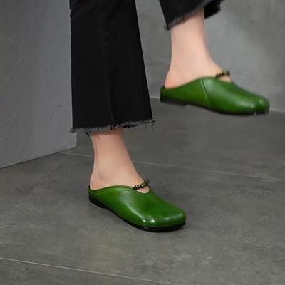 Johnature Damskie Buty Skórzane Płaskie Kapcie Okrągły Nosek Wszechstronne Casual Jednolity Kolor Klapki Outdoor