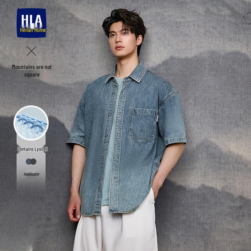 HLA Мужская летняя джинсовая повседневная рубашка с коротким рукавом M