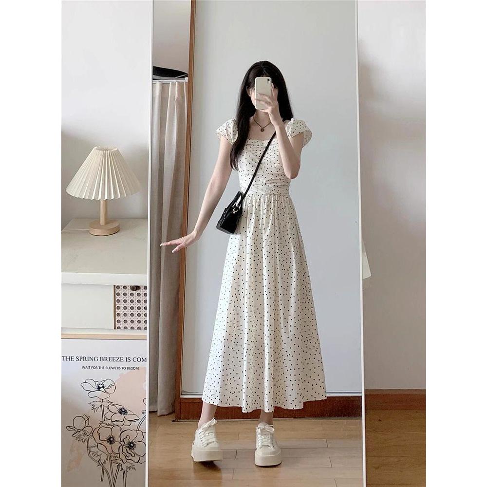Elegant Polka Dot Puff Sleeve Dress: Slim Waist, Loose A-Line, Korean College Style