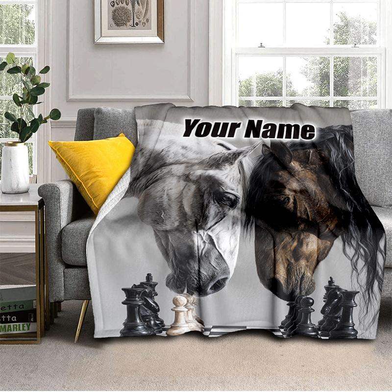1PC Custom Name Horses Chess Game Flannel Blankets Patterns Throw Blanket All-Season Soft Gift for Couch, Bed, Camping Gifts