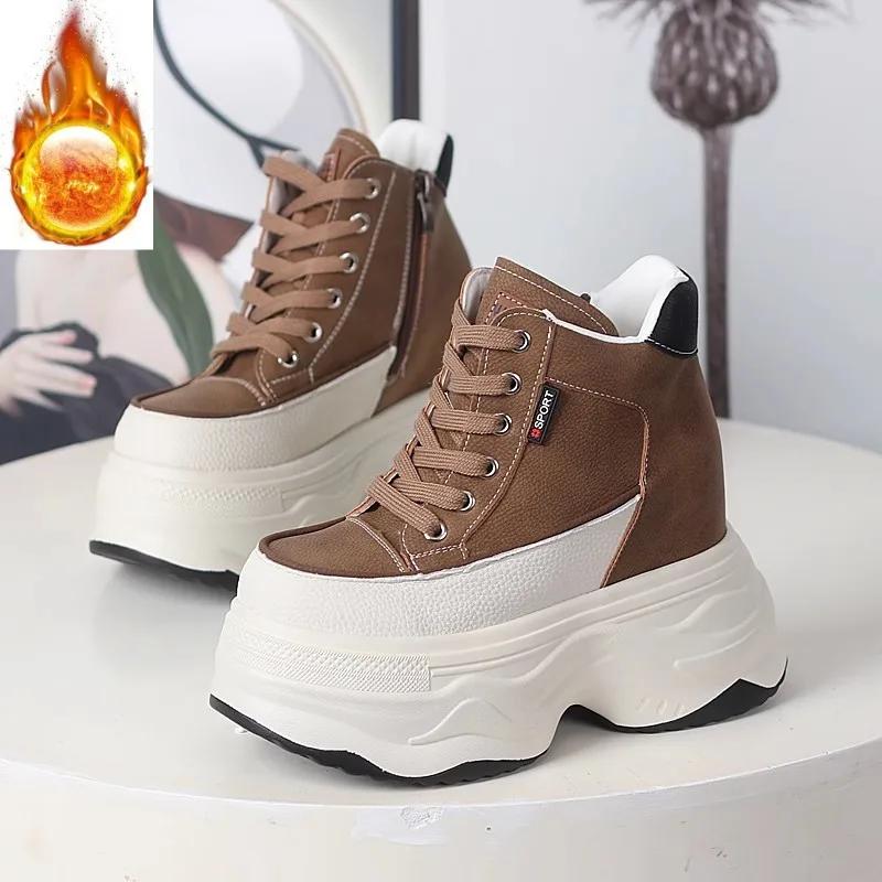 Fashion 12CM British Genuine Leather Ladies Platform Wedge Ankle Winter Plush Booties Autumn Spring High Brand Women Cowboy Shoes