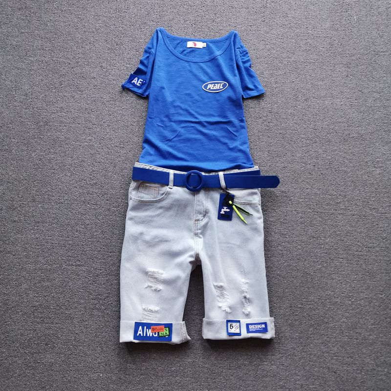 

Hong Kong Style Cuffed Hole Denim Shorts White T-shirt Blue T-shirt + turn-up Denim pants L