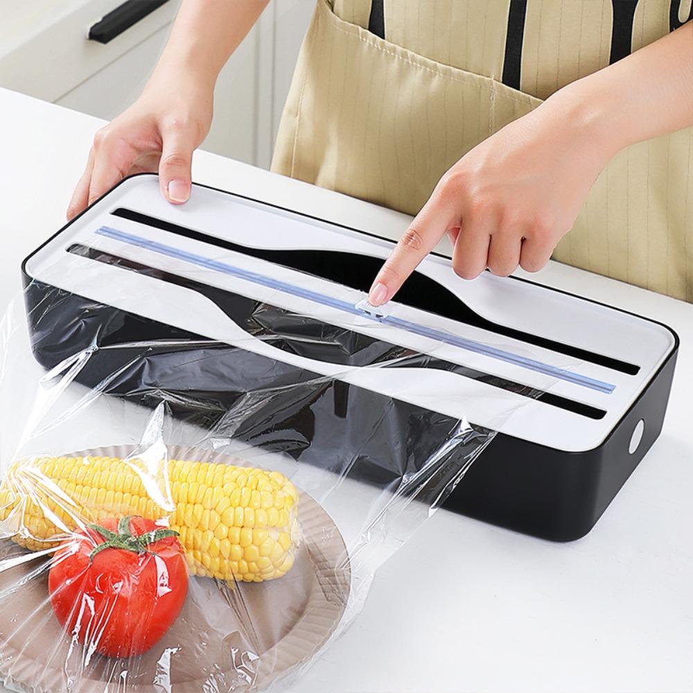 Magnetic Double Slot Food Wrap Dispenser Wall Mounted Space-saving Double-groove Cling Film Cutter Box Plastic Sliding Cutter