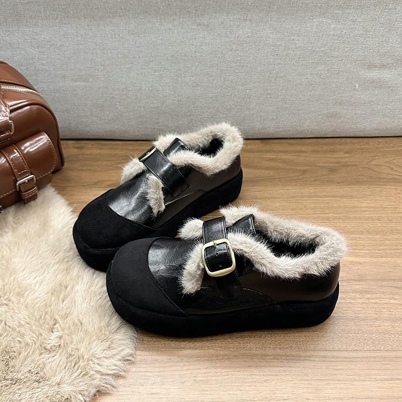 Neues Design Warme Baumwolle Damen Plateau Flats Mode Gürtelschnalle Partyschuhe Herbst Winter Damen Komfort Slipper Fellschuhe