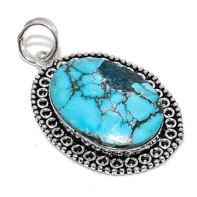 Pingente de Gema Turquesa Tibetana Natural Prata de Lei 925 2,48" V6i63