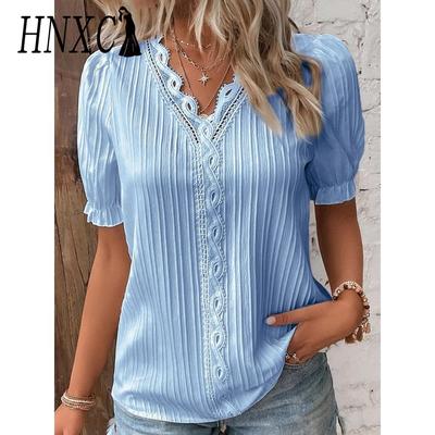 HNXC אופנה לנשים מזדמנים קיץ בצבע אחיד הדפסת שרוולים קצרים חולצות וחולצות עם צווארון V