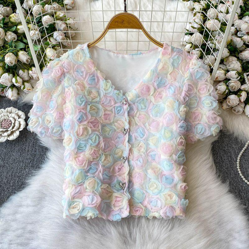 

Французский стиль Романтичные Объемные Цветы V-образный вырез Рукава-фонарики Женские Летние Тяжелая Промышленность Бессмертные Милые Омолаживающие Короткая Верхняя Одежда Lavender M