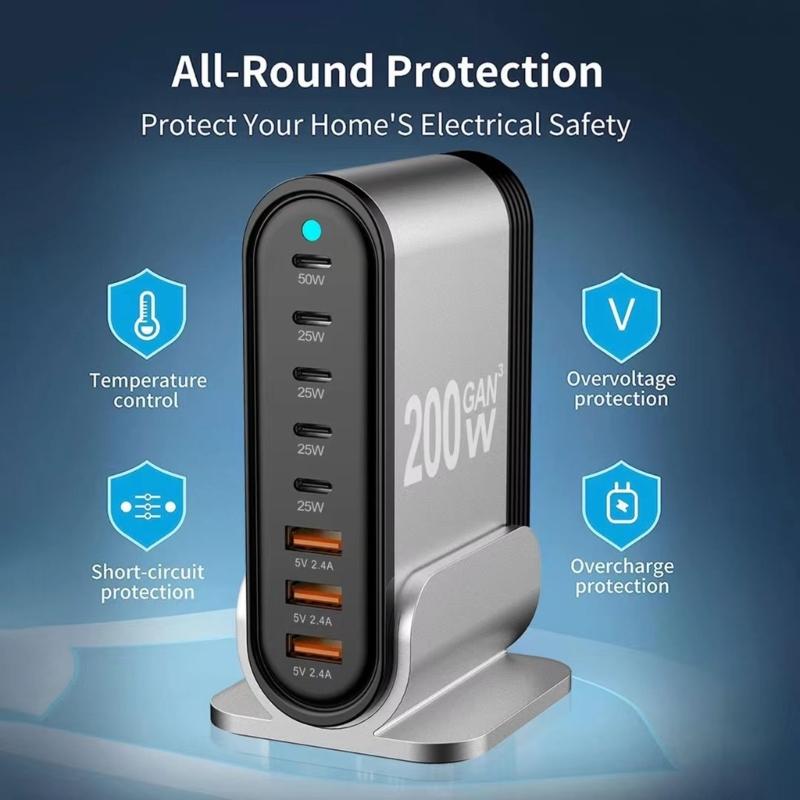 Aluminum Alloy Desktop Stand Charging Adapter 200W Charger with 3xUSB and 5xType C Interfaces for Multiple Devices