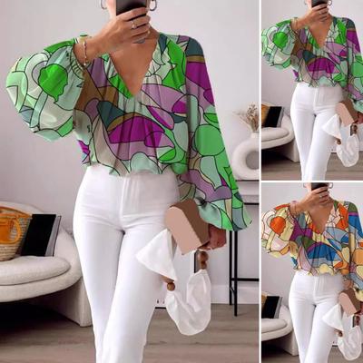 Mulheres Casual Tops V-neck Lanterna Manga Longa Pullover Tops Colorido Impressão Solta Ajuste Camiseta Streetwear
