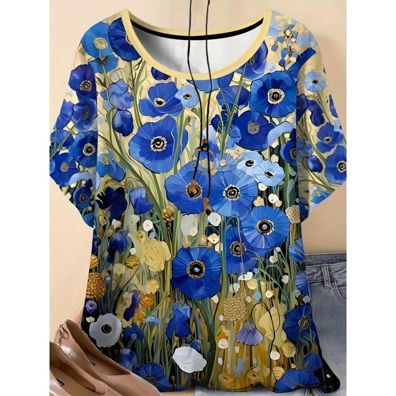 Comfortable and elegant style painting flower element printing pattern women s round neck plus size short sleeved T-shirt S