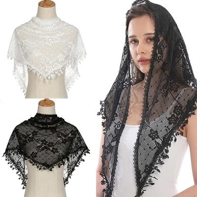 Lace Tassel Triangle Hijab Scarf Solid Color Flower Embroidery Shawl Mesh Breathable Sunscreen Head Wrap Thin Hair Accessories