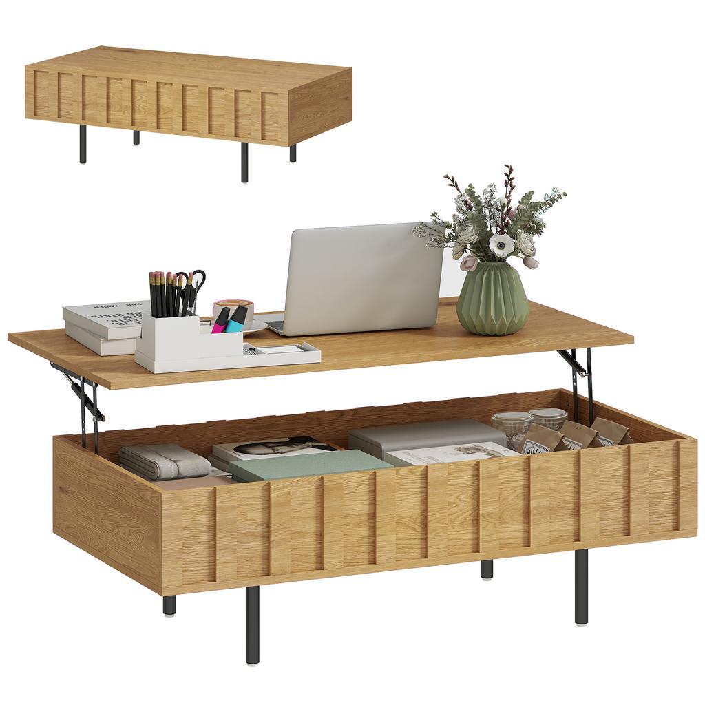 Extendable Coffee Table with 2 Hidden and Fluted Side Compartments, Mid-Century Modern Style, 110x55x36.5cm, Oak