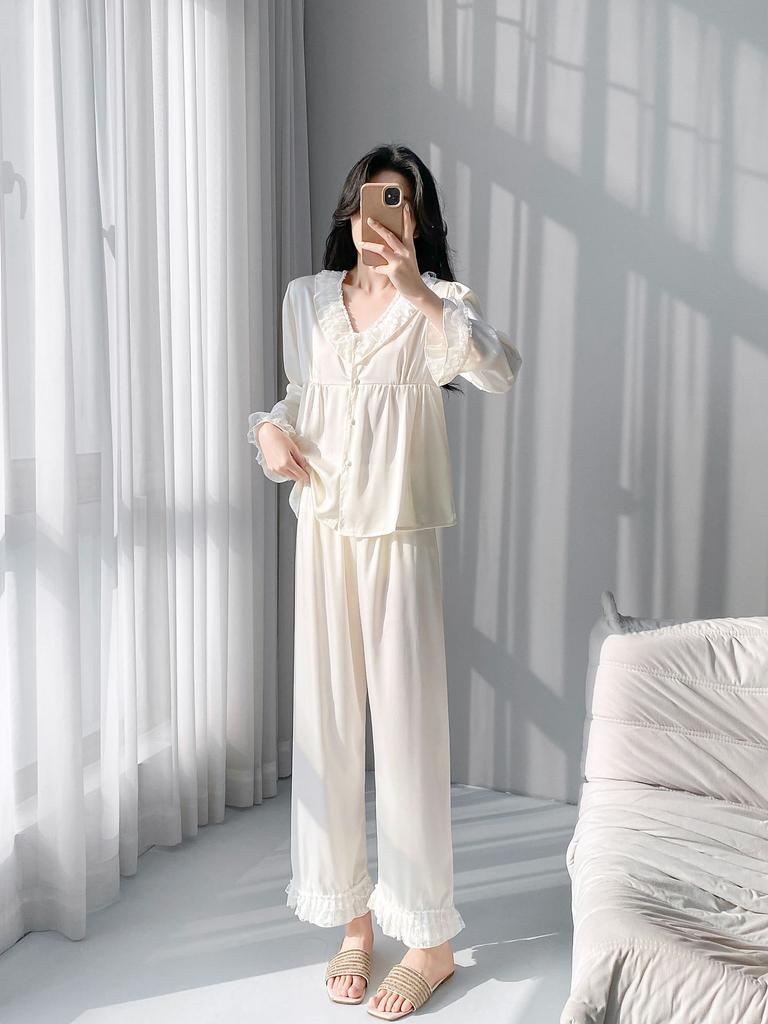 Spring and Summer New Pajamas Women's Long-sleeved Trousers Set, Home Simulation Silk V-neck Comfortable and Breathable Thin Pajamas Set