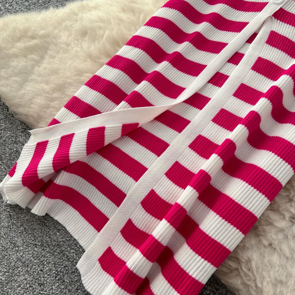 Summer Women Casual V-neck Striped Knitted Sweater Long Maxi Split Slim Bodycon Sheath Dresses