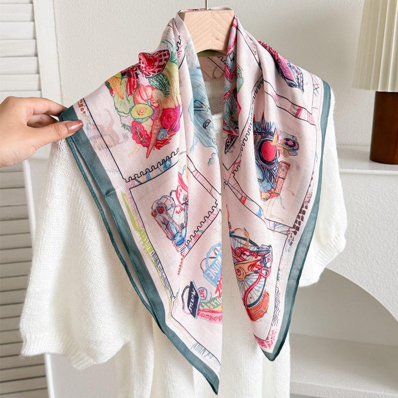 White polka dot peony flower small square scarf cotton and linen silk scarf women's high-end neck yarn air-conditioned room scarf shawl thin