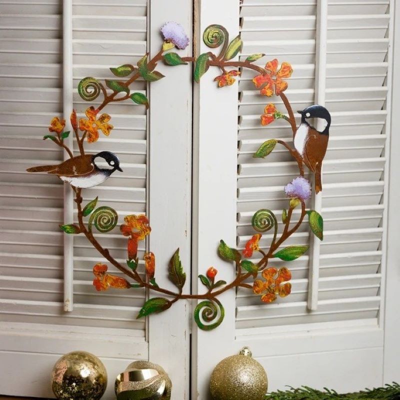 Wreath Flower with Birds Door Decorations Round Metal Bird Silhouette Wall Decor