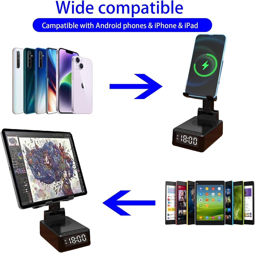 15 W Faltbares kabelloses Ladegerät LED-Zeitanzeige Wecker Telefonständer Bluetooth-Lautsprecher für iPhone 15/14/13Pro