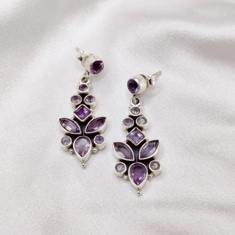 Vintage Oval Round Inlaid Purple Stone Earrings Geometric Creativity Silver Color Dangle Earrings for Women Jewelry