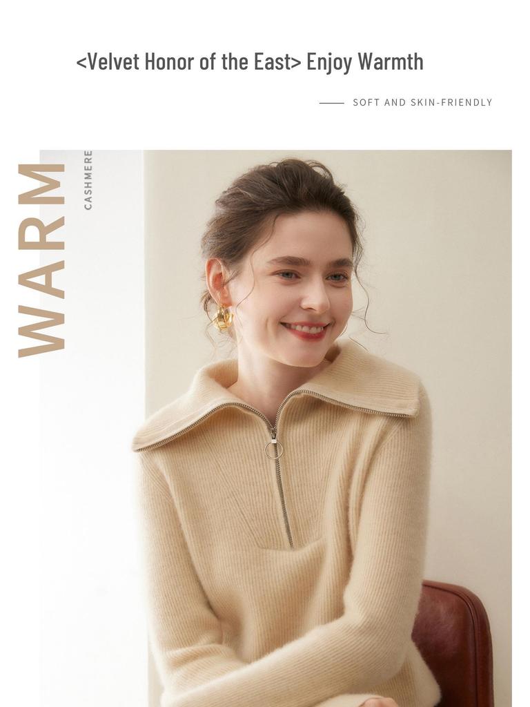 Damen Dick gestrickter Kaschmirpullover - Großer Reverskragen, Polo-Kragen mit halbem Reißverschluss, Vielseitige lockere Passform für Herbst und Winter