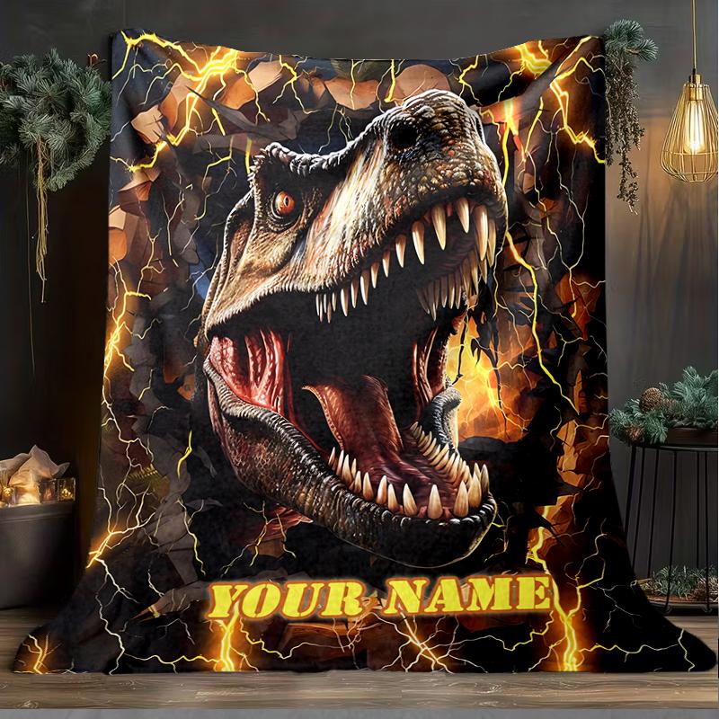 1PC Custom Name Thunderous Tyrannosaurus Rex outdooor Flannel blankets Patterns Throw Blanket All-Season Soft Gift for Couch, Bed, Camping gifts