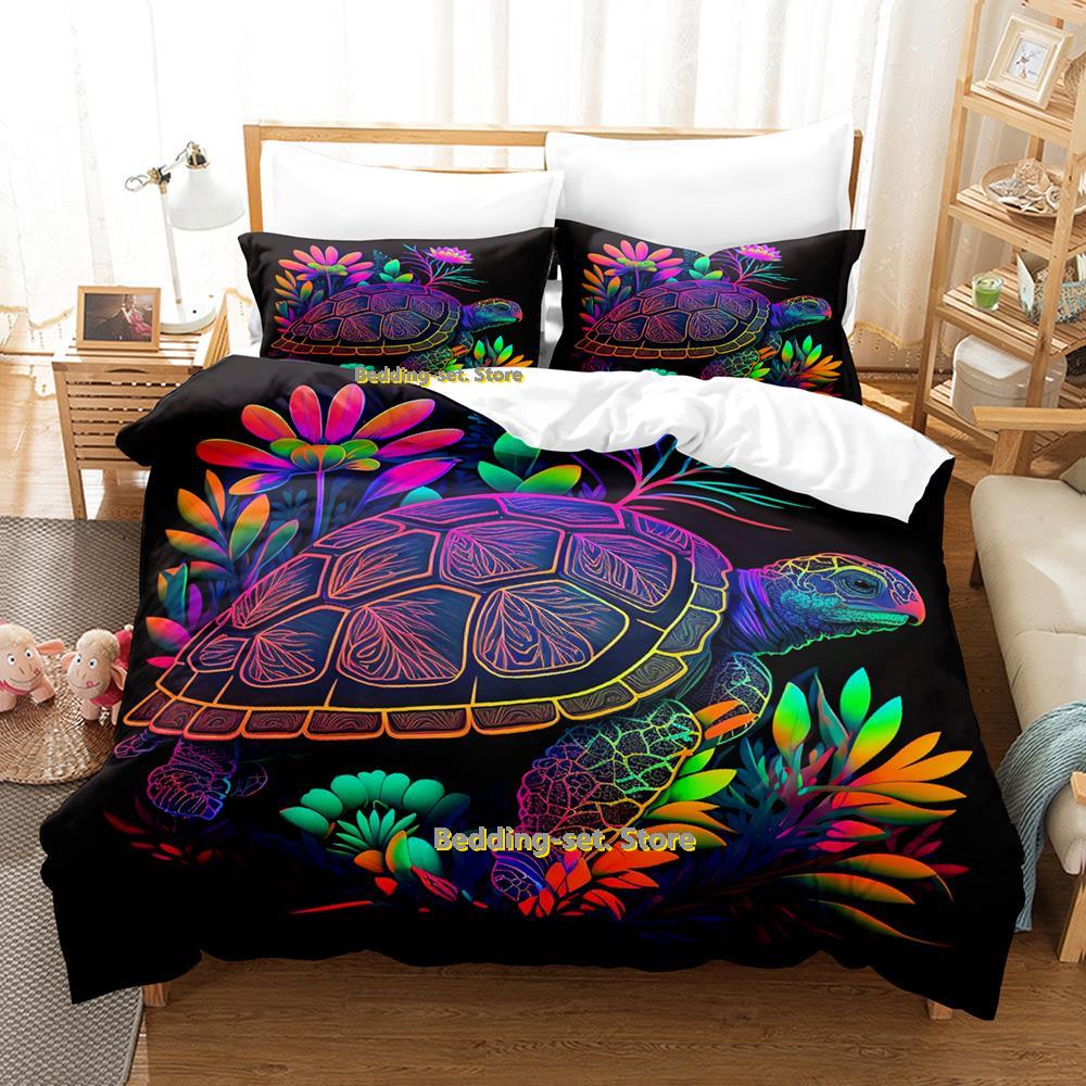 New World Turtles Schildkröteninsel Bettwäsche-Set Cartoon Anime dreiteiliges Set Erwachsener Kind Schlafzimmer Bettdecken-Sets 3D Kawaii Tier