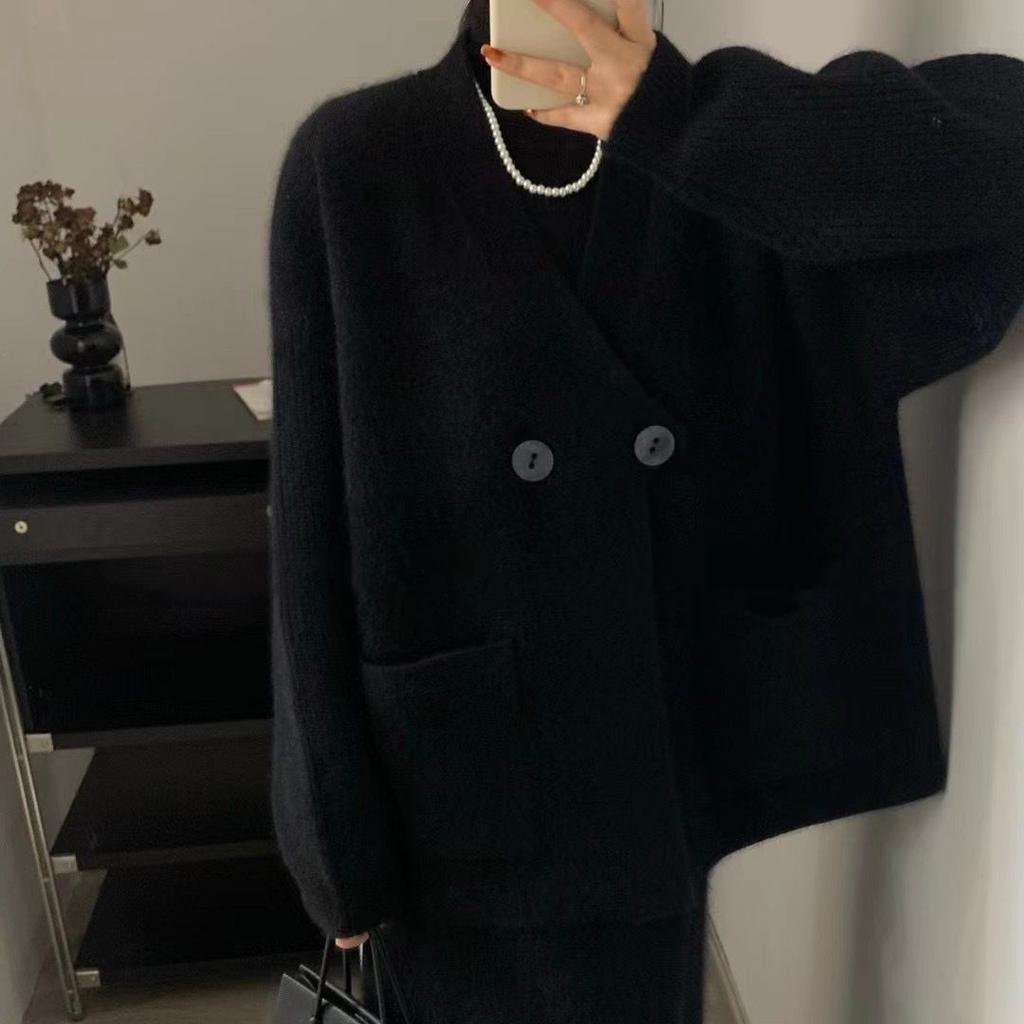 Herbst Frauen Feste Tasten Pullover Jacke Stricken Mode Casual Style Lose Strickjacke