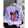Girls' Summer Crew-Neck Short-Sleeved Top New Black Girls Cute Top Girls Clothes Cartoon Print T-Shirt Top Children's Clothing