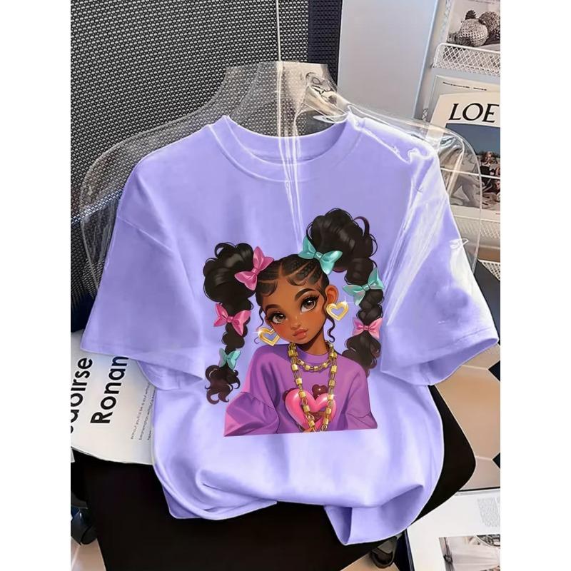 Girls' Summer Crew-Neck Short-Sleeved Top New Black Girls Cute Top Girls Clothes Cartoon Print T-Shirt Top Children's Clothing
