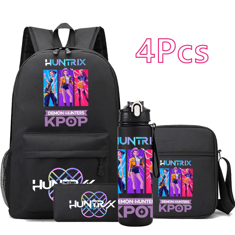 4Pcs/set Anime Cartoon K-Pop Printed Backpack with 750Ml Water Bottler for Teenager Student Girl Boy Bookbag Kid Gift Large Capacity Travel Bag