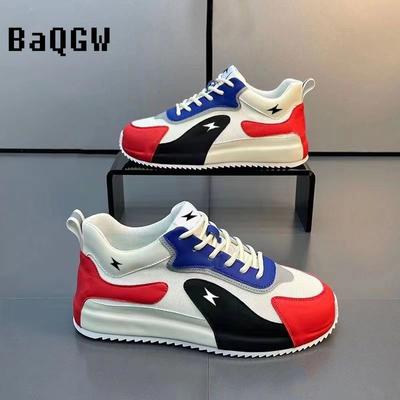 Fashion Men Casual Shoes Fashion Leather Canvas Breathable Color Block Running Luxury Sneakers Height Increased Platform Board Shoes