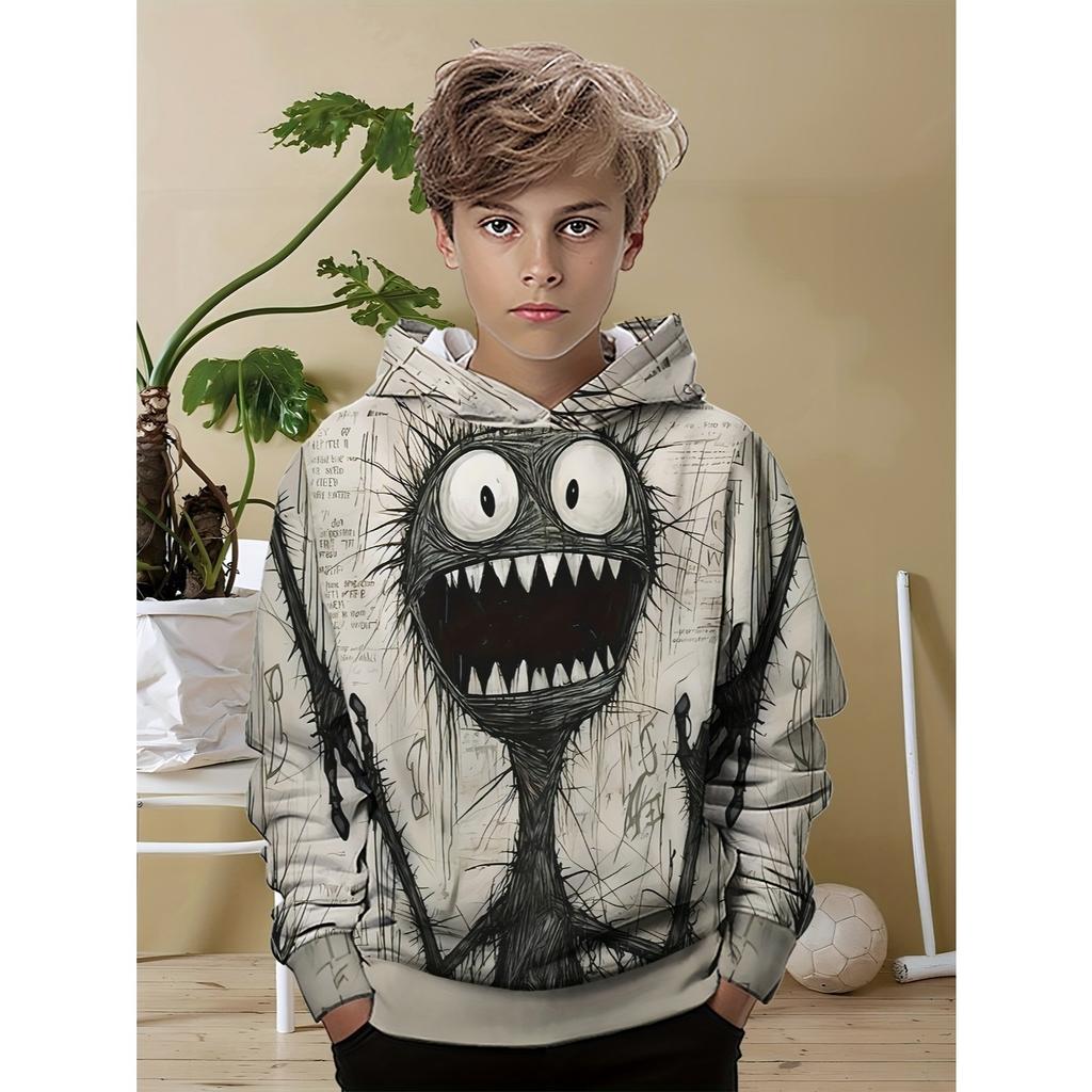 Boys' playful cartoon face hoodie - comfortable polyester blend, casual long sleeved pullover, unique digital print