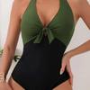 One Pieced Swimsuit for Women Breathable Swimwear Solid Color Contrasting Bathing Suit Beachwear Backless Design