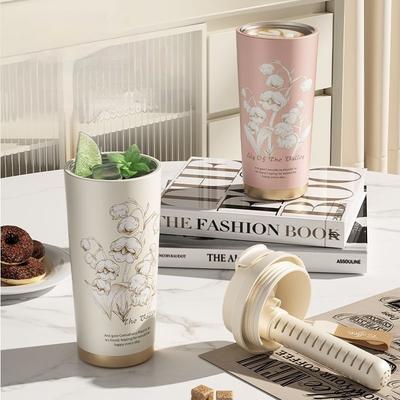 Gobelet à paille portable de voyage à motif muguet, étanche, tasse à café, tasse de voiture en acier inoxydable, gobelet froid, tasse pratique